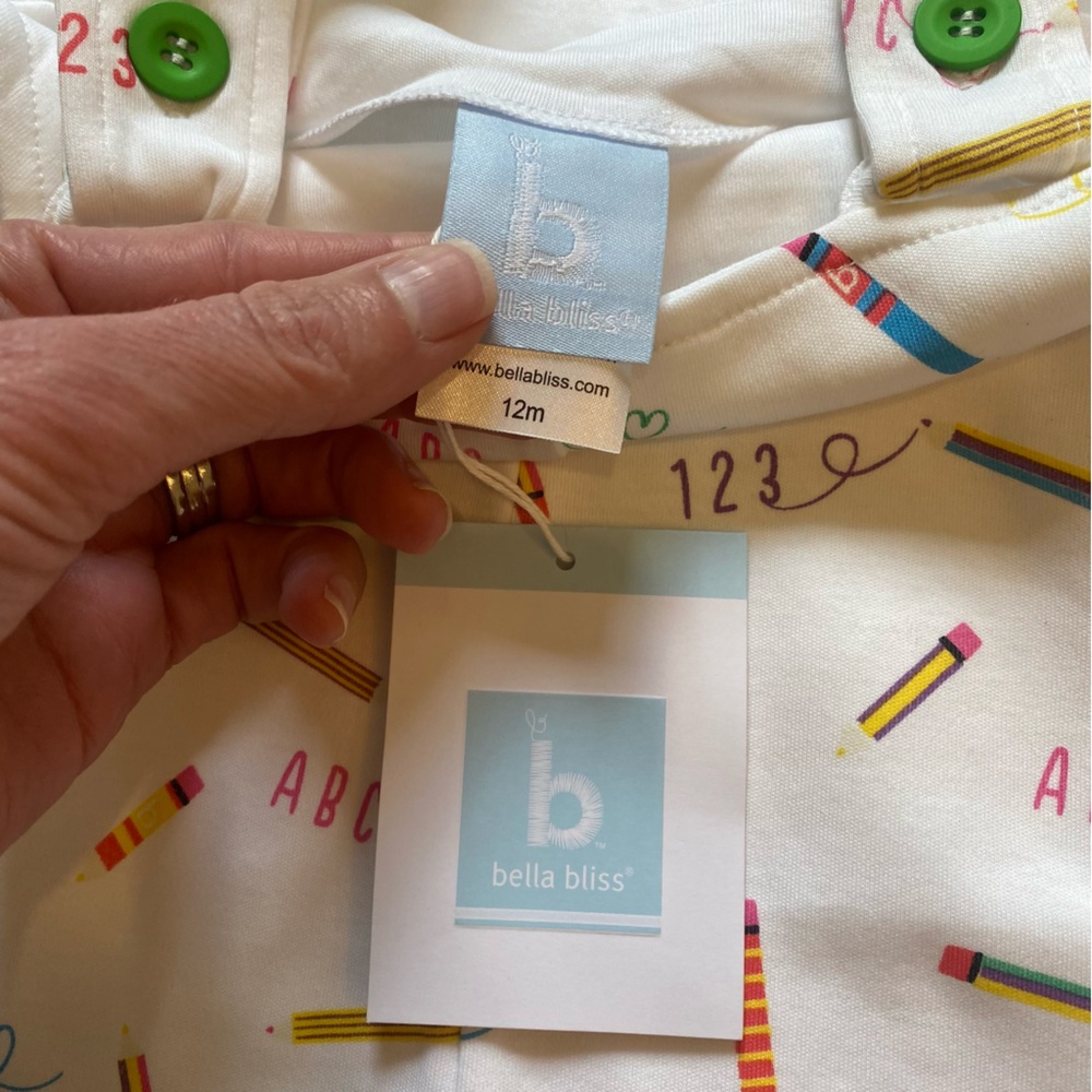 NWT Bella Bliss Pima Back to School Cotton Overalls with Colorful Pencils, 12M - Picture 4 of 10